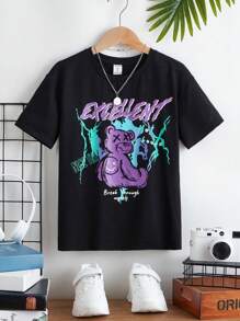 SHEIN Tween男童休閒卡通印花短袖針織T恤，圓領設計 - 黑色 - 查看 1