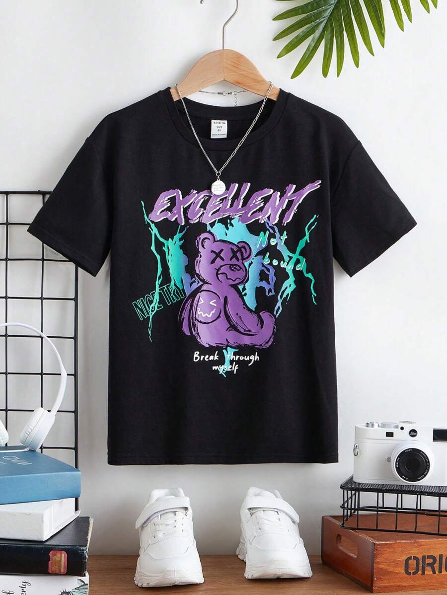 SHEIN Tween男童休閒卡通印花短袖針織T恤，圓領設計 - 黑色 - 查看 1