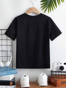 SHEIN Tween男童休閒卡通印花短袖針織T恤，圓領設計 - 黑色 - 查看 2