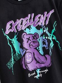 SHEIN Tween男童休閒卡通印花短袖針織T恤，圓領設計 - 黑色 - 查看 3