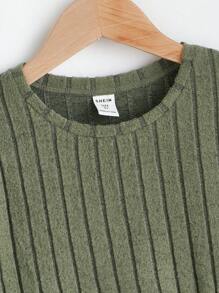 SHEIN 青少年男孩實色帶肋針織T恤和短褲 - 軍綠色 - 查看 3