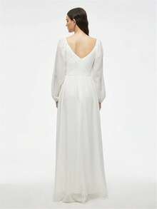 雞心領領口燈籠袖雪紡婚紗洋裝 - 白色 - 查看 2