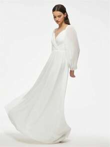 雞心領領口燈籠袖雪紡婚紗洋裝 - 白色 - 查看 3