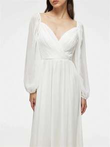 雞心領領口燈籠袖雪紡婚紗洋裝 - 白色 - 查看 4