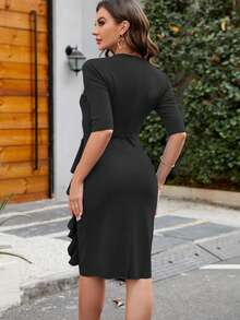 Solid Ruffle Trim Fitted Dress - Black - View 2