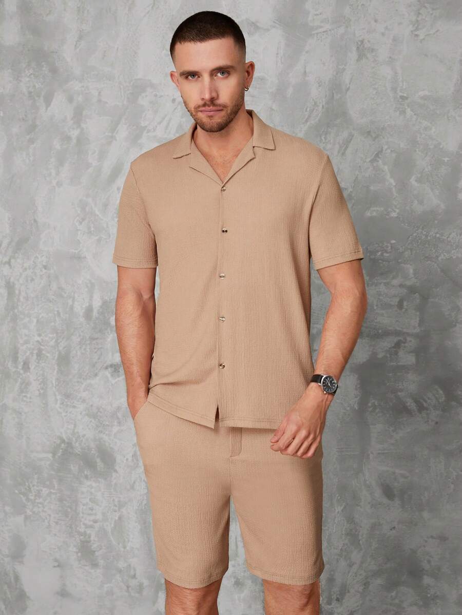 RueChic 男士素色前紐扣襯衫和短褲