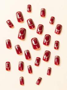 24 miếng dán móng tay nhuộm màu đỏ tía hình vuông ngắn thích hợp cho ngày đầu năm mới, ngày lễ, kèm 1 dũa móng tay và 1 ống gel - Nhiều màu - Xem 3