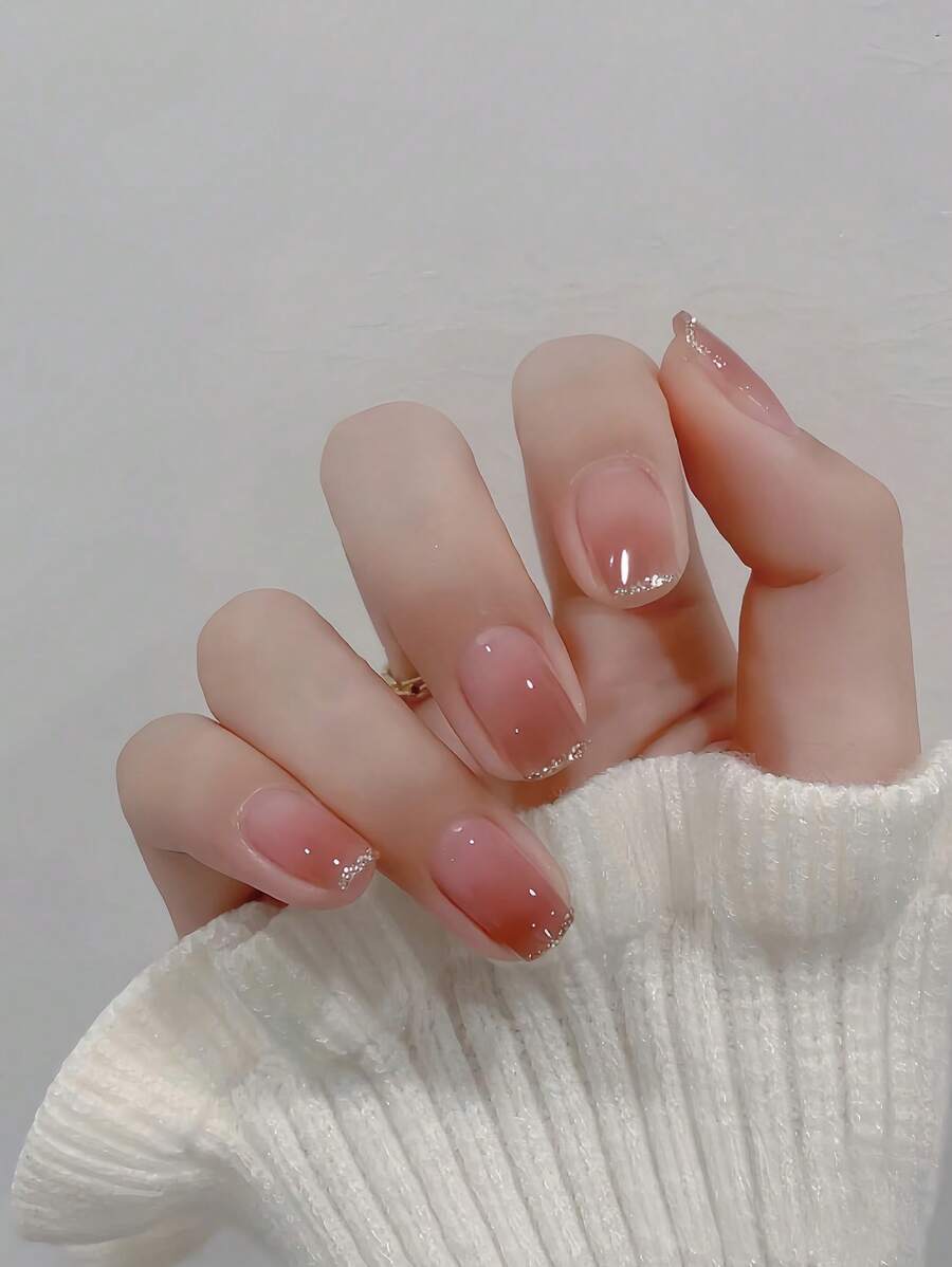 24pcs French Ombre Pink Gradient Circular Nails + 1pc Jelly Gel + 1pc Nail File Press On Nails Nail Supplies - Multicolor - View 1