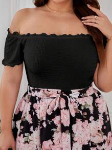 SHEIN VCAY 大碼一字肩木耳邊T恤 - 黑色 - 查看 1