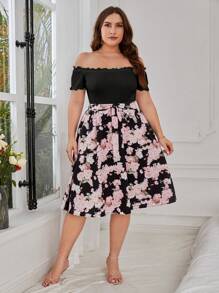 SHEIN VCAY 大碼一字肩木耳邊T恤 - 黑色 - 查看 4