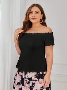 SHEIN VCAY 大碼一字肩木耳邊T恤 - 黑色 - 查看 6