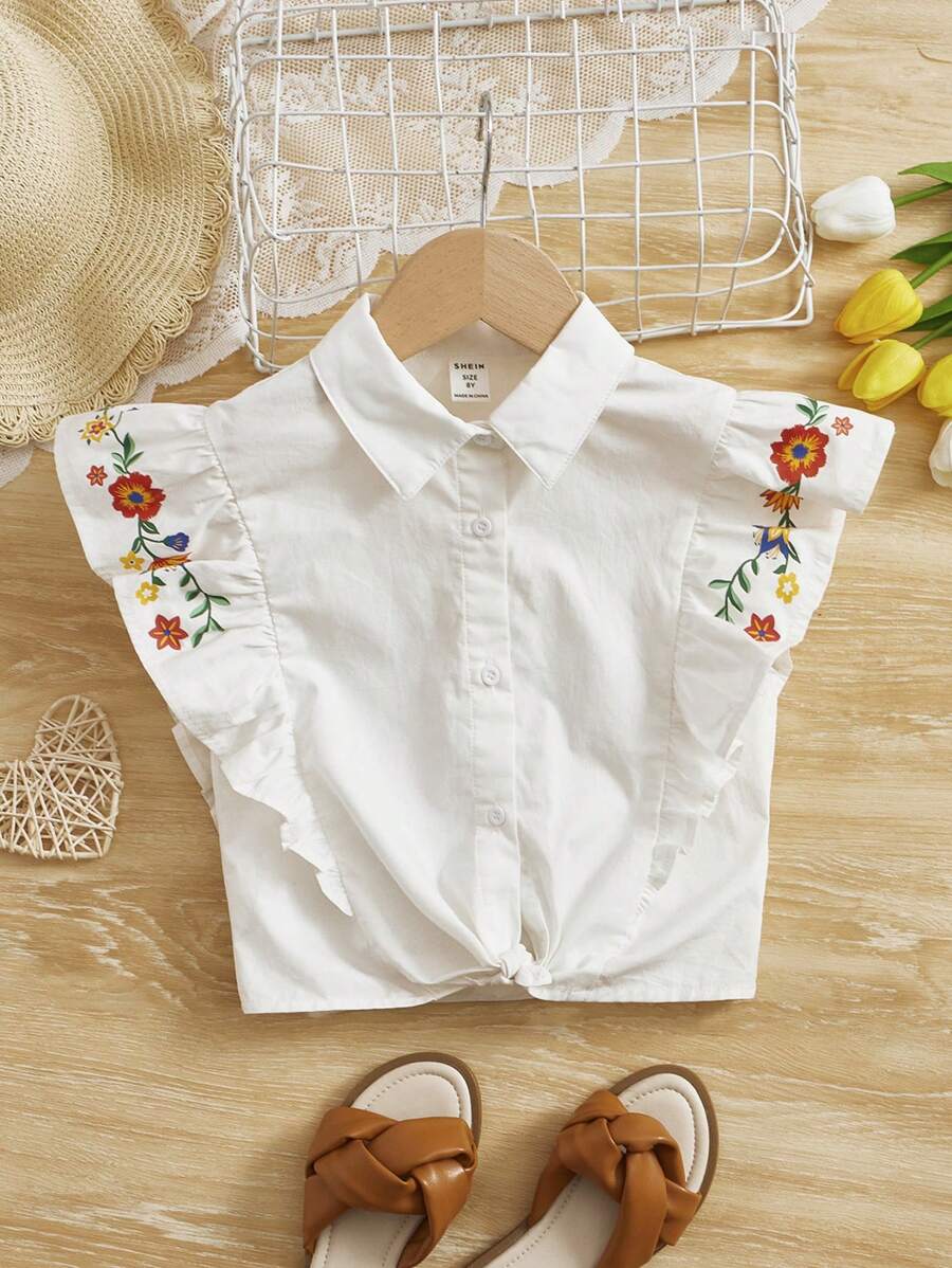 SHEIN 女孩印花荷葉邊下擺打結襯衫 - 白色 - 查看 1