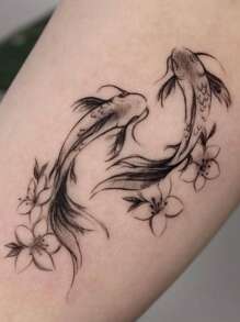 1 miếng dán hình xăm tạm thời hình cá Koi, giữ được 3-5 ngày. - màu đen - Xem 3