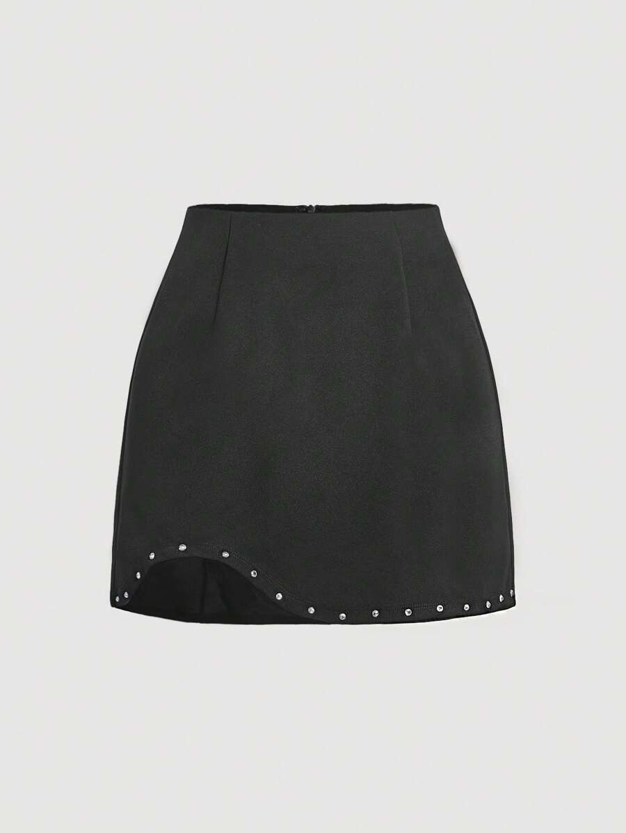 SHEIN MOD Váy nữ Pha lê kim cương Dây kéo màu trơn Giải trí - màu đen - Xem 1