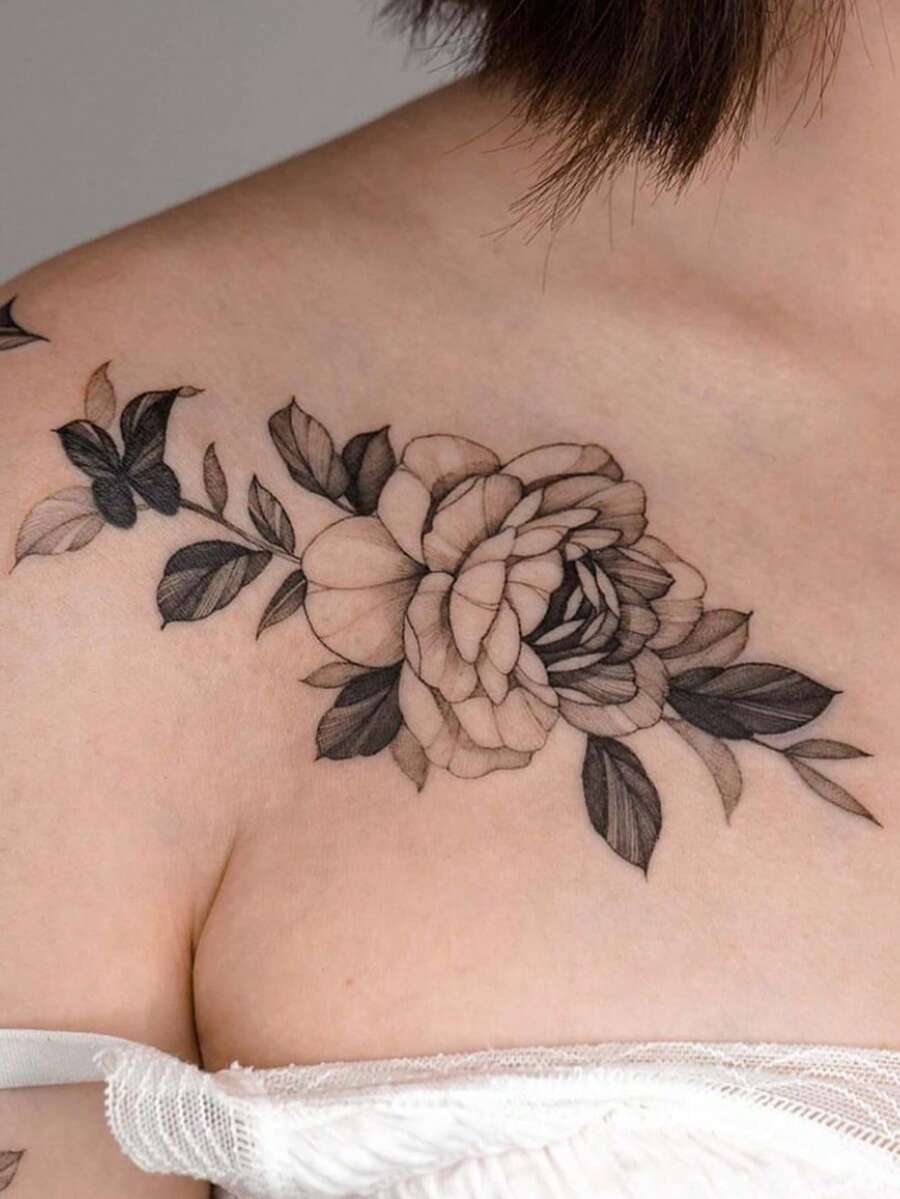 1張花朵圖案紋身貼紙 - 黑色 - 查看 1