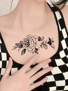 1張花朵圖案紋身貼紙 - 黑色 - 查看 4