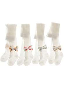 4雙小女童蝴蝶結裝飾時尚褲襪適用於日常 - 白色 - 查看 1