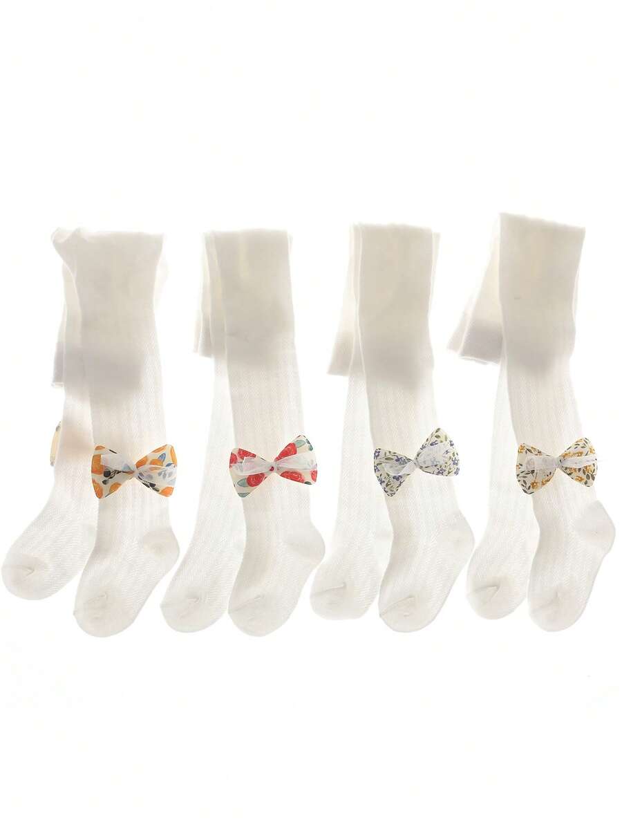 4雙小女童蝴蝶結裝飾時尚褲襪適用於日常 - 白色 - 查看 1