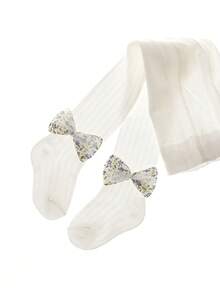 4雙小女童蝴蝶結裝飾時尚褲襪適用於日常 - 白色 - 查看 4