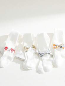 4雙小女童蝴蝶結裝飾時尚褲襪適用於日常 - 白色 - 查看 5