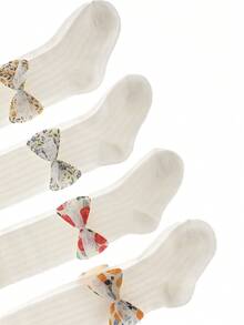 4雙小女童蝴蝶結裝飾時尚褲襪適用於日常 - 白色 - 查看 7