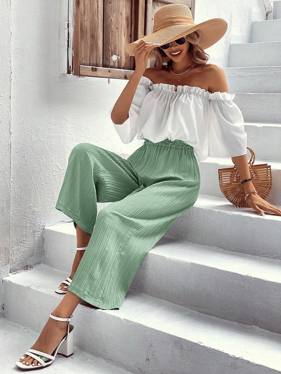 SHEIN VCAY Off Shoulder Frill Trim Top & Wide Leg Pants - Multicolor - View 1