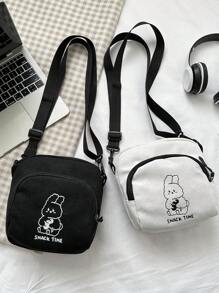 可愛卡通兔子單肩包小號帆布斜挎包休閒手機包卡哇伊兔圖案 - 黑色 - 查看 1