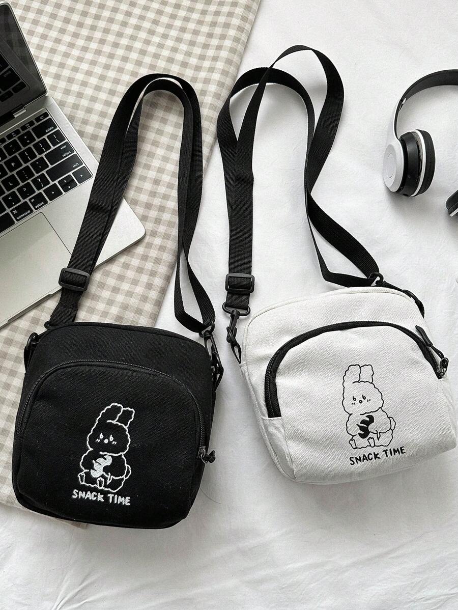 可愛卡通兔子單肩包小號帆布斜挎包休閒手機包卡哇伊兔圖案 - 黑色 - 查看 1