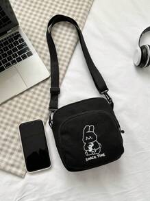 可愛卡通兔子單肩包小號帆布斜挎包休閒手機包卡哇伊兔圖案 - 黑色 - 查看 6