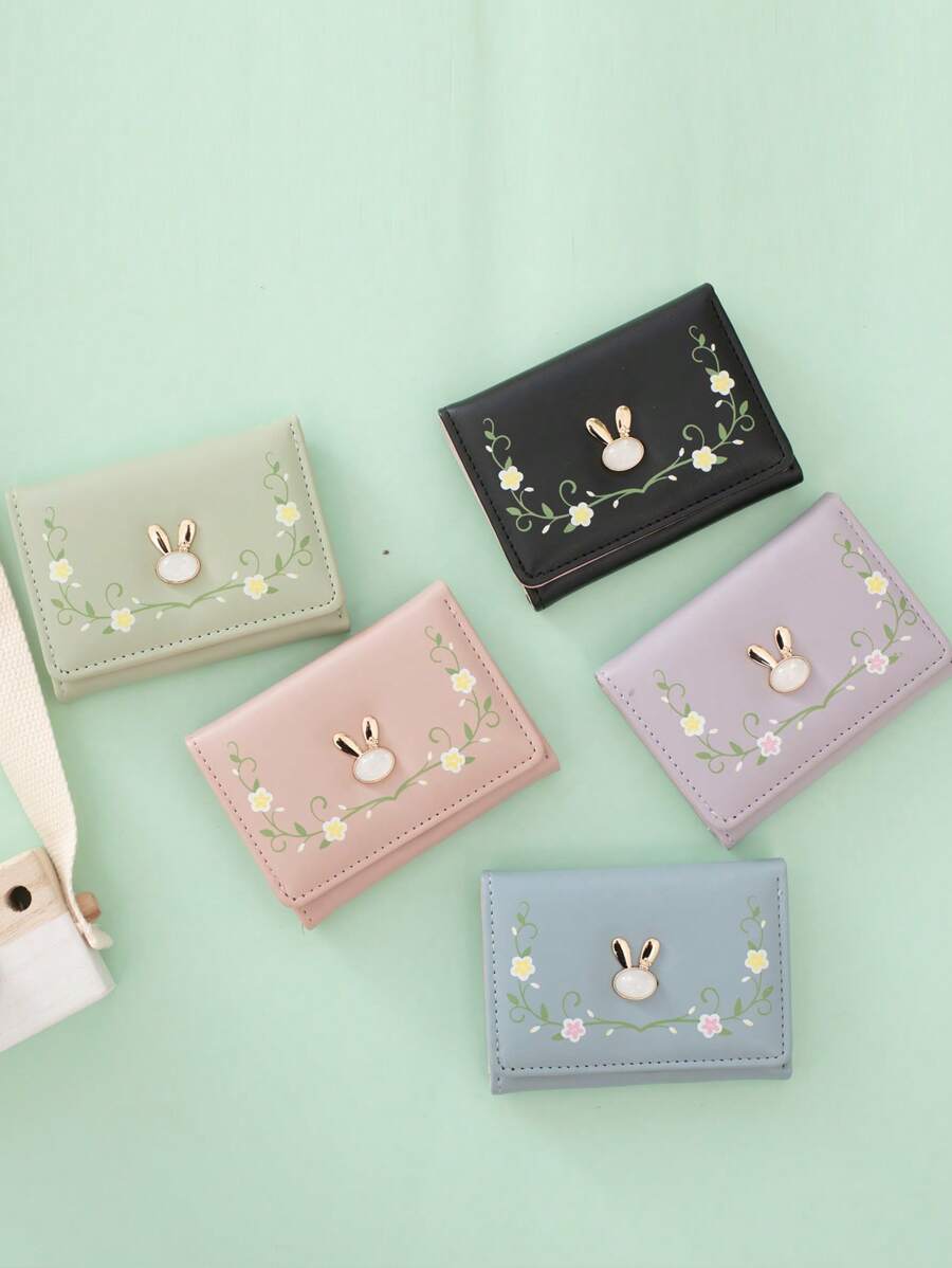 兔子裝飾錢包,花卉圖案小錢包女士手提包,熱粉色錢包 - 粉色 - 查看 1