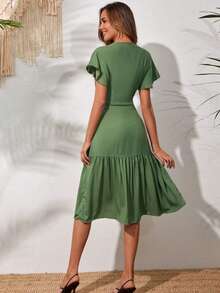 Vestido con cinturón de manga mariposa bajo con fruncido - Verde - Ver 2