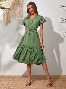 Vestido con cinturón de manga mariposa bajo con fruncido - Verde - Ver 3