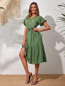 Vestido con cinturón de manga mariposa bajo con fruncido - Verde - Ver 4