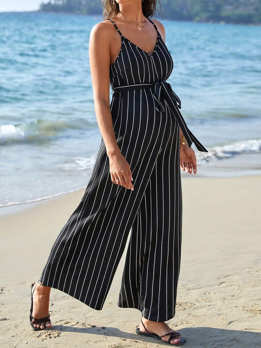 SHEIN Maternidad Mono de tirantes con estampado de rayas con cinturón - Negro - Ver 1