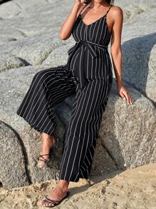 SHEIN Maternidad Mono de tirantes con estampado de rayas con cinturón - Negro - Ver 3
