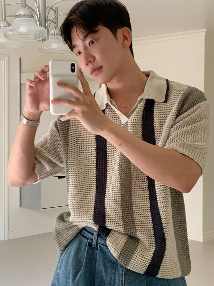 DAZY Homme Top en tricot à blocs de couleurs col polo - Kaki - Voir 1