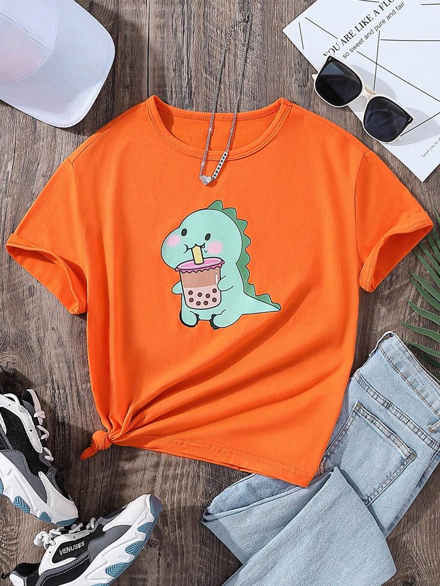 女孩卡通圖案T恤 - 橘色 - 查看 1