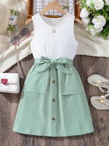 青少女兩色拼接插袋腰帶鈕釦前短裙 - 彩色 - 查看 4