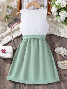 青少女兩色拼接插袋腰帶鈕釦前短裙 - 彩色 - 查看 2