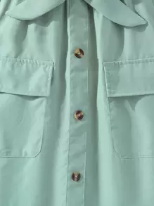 青少女兩色拼接插袋腰帶鈕釦前短裙 - 彩色 - 查看 3