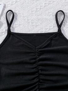 SHEIN 女孩側拼接織帶褶邊吊帶連衣裙 - 黑色 - 查看 3