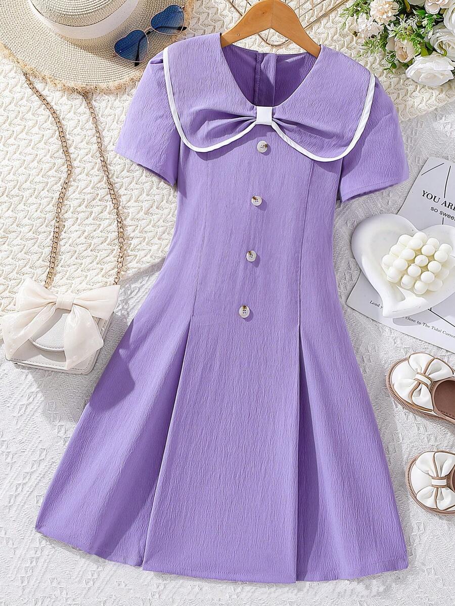 SHEIN 女孩撞色滾邊誇大領口前紐扣連衣裙 - 紫丁香色 - 查看 1
