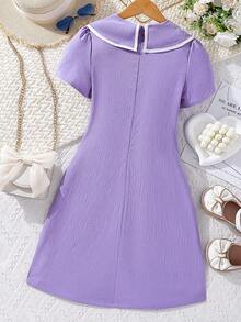 SHEIN 女孩撞色滾邊誇大領口前紐扣連衣裙 - 紫丁香色 - 查看 2