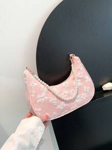 Floral Pattern Hobo Bag Faux Pearl Decor Baby Pink Fashionable