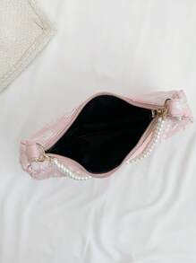 Floral Pattern Hobo Bag Faux Pearl Decor Baby Pink Fashionable