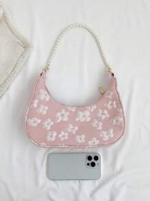 Floral Pattern Hobo Bag Faux Pearl Decor Baby Pink Fashionable