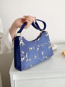 1pc Embroidery Fashionable Shoulder Bag With Zipper Closure Suitable For Women's Daily Outfits - Blue - View 2