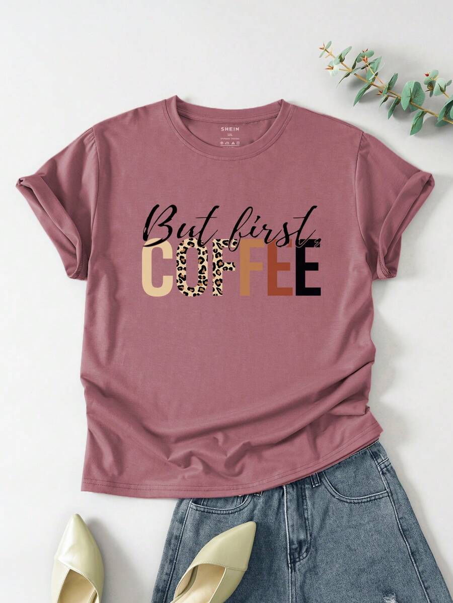 INAWLY 夏季豹纹和标语图案 T 恤 - 藕粉色 - 查看 1