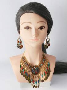 女士迷人异国复古混色吊坠项链和耳环首饰套装，适合宴会、派对、旅行、时尚配饰、礼物 - 金色 - 查看 2