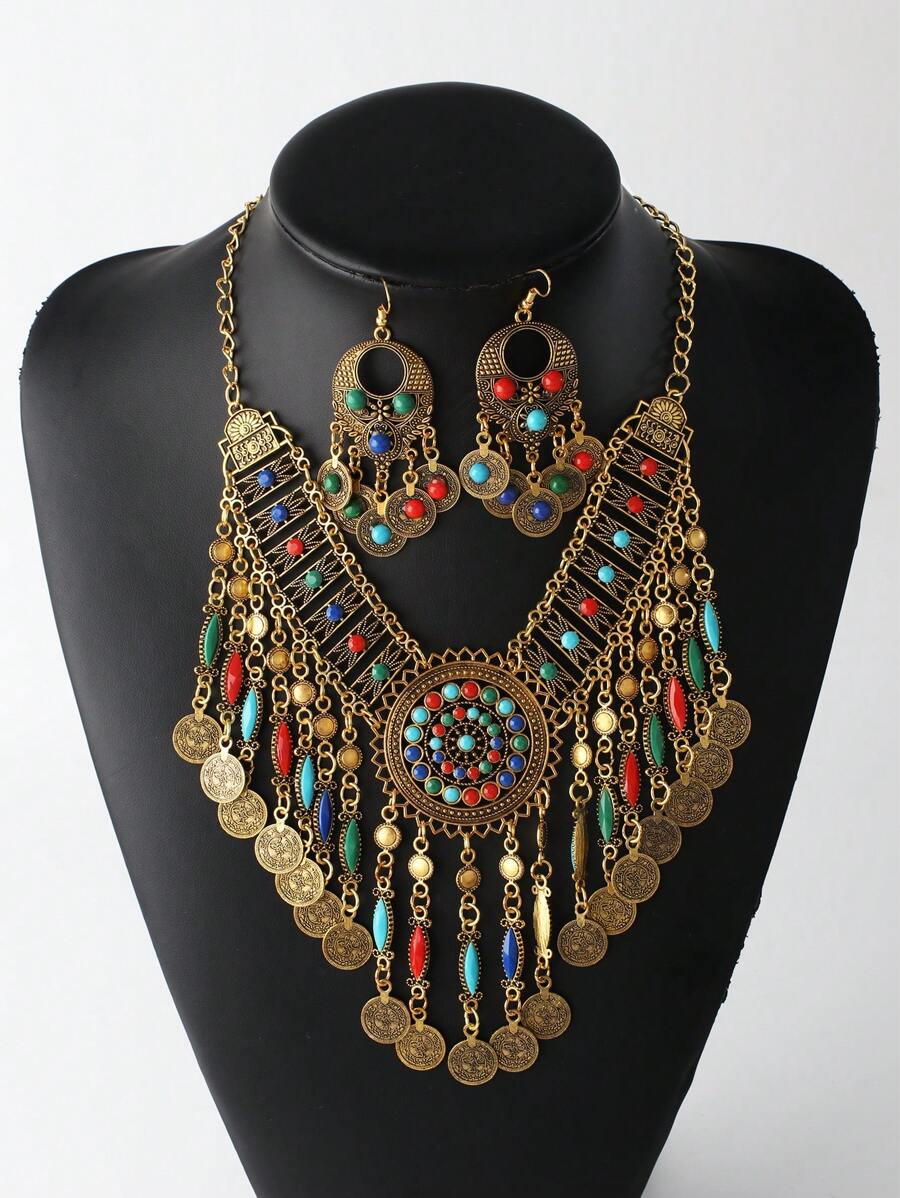 女士迷人异国复古混色吊坠项链和耳环首饰套装，适合宴会、派对、旅行、时尚配饰、礼物 - 金色 - 查看 1